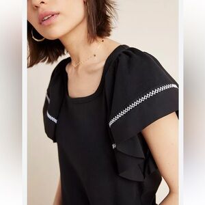 Anthropologie Maeve Embroidered Black Ruffle Sleeve Blouse sz S